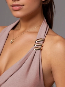 Chic purple halter top with gold buckle details and elegant drape neck for women