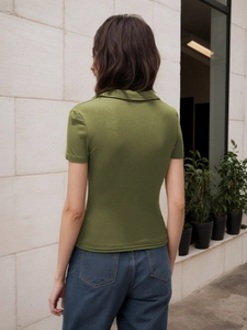 Rear view of a moss green slim fit polo knit t-shirt featuring fine ribbed texture