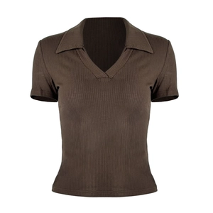 Detailed close-up of ribbed texture and polo collar on slim fit short sleeve top