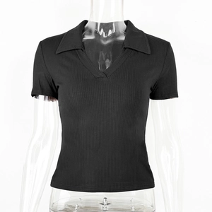 Detail of black ribbed knit polo shirt featuring a V-neck and slim fit texture