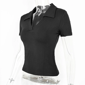 Close-up of black ribbed knit fabric and V-neck polo collar on slim fit short sleeve top
