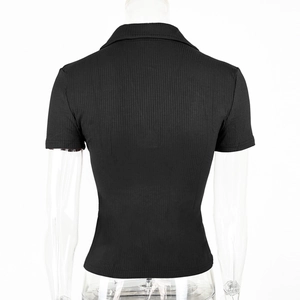Close-up of the back view on a black ribbed short-sleeved polo t-shirt for women