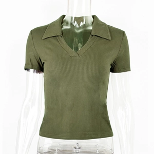 Close-up of olive green ribbed knit fabric and V-neck polo collar on slim-fit summer tee