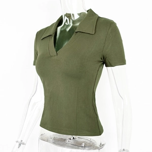 Close-up of the ribbed knit fabric and classic polo collar on a slim-fit army green t-shirt