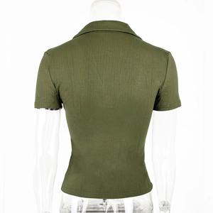 Rear view of slim fit army green ribbed polo shirt on a mannequin showing texture