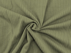 Detailed macro view of olive green ribbed knit fabric with soft vertical texture