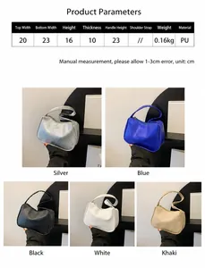 Größentabelle für PU-Leder-Schultertaschen mit Maßen, Gewicht und fünf Farboptionen