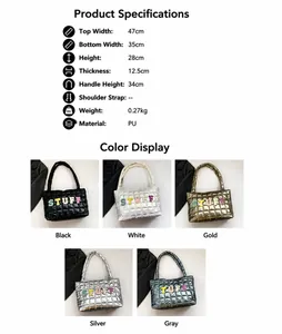 Quilted oversized tote bag size chart and material details in various metallic colors