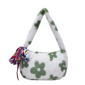 White faux fur shoulder bag featuring green floral patterns and a decorative silk scarf