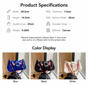 Detailed size chart and three-color canvas bag options with gothic cross patches