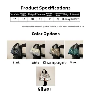 Tableau des tailles du sac cabas matelassé et 5 couleurs avec détails en duvet léger