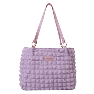 Light purple pleated shoulder bag with popcorn texture and pink leather straps