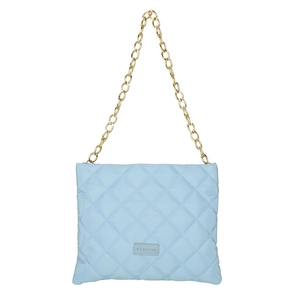Light blue quilted shoulder bag with gold chain strap and fashion label on front