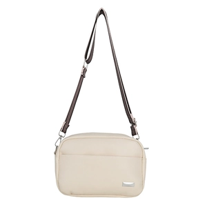 Minimalist beige lychee grain camera bag with adjustable wide fabric shoulder strap