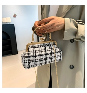 Detail van de tweed crossbody tas met gouden metalen frame en reliëf handgreep