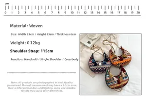 Ethnic woven crescent bag with colorful fringe detail and golden chain strap dimensions