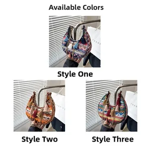 Detailed view of three colorful ethnic style woven hobo bags with tassels and chain handles