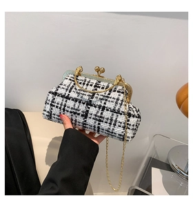 Detailopname van zwart-witte tweed tas met gouden metalen sluiting en kettingriem