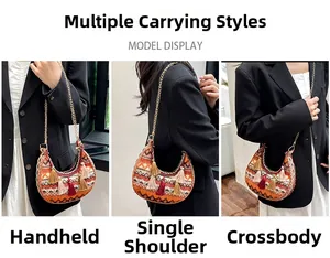 Three-way wear display of ethnic tassel crescent bag with chain strap and geometric pattern