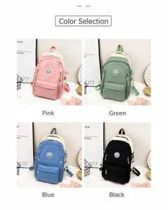 Vista dettagliata degli zaini in nylon minimalisti in rosa, verde menta, blu e nero