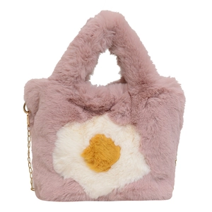 Cute pink plush tote bag with poached egg design and gold chain strap for women