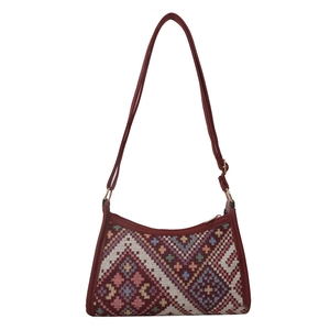 Ethnic style underarm shoulder bag with geometric woven pattern and burgundy leather strap