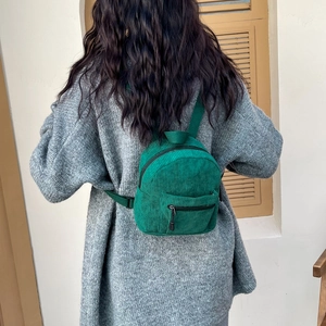 Women Mini Corduroy Backpack Candy Color Street Trend Large Capacity Casual Travel Bag Front Zipper Pocket Stylish Ladies Daypack