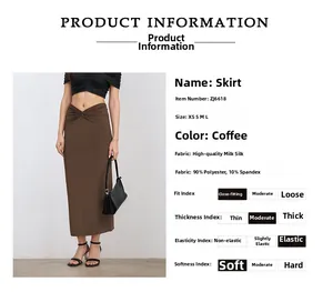 Detail view of coffee brown slim fit skirt with V-waist knot and ruched milk silk fabric