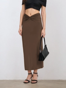 Women Summer Sexy Twisted Waist Bodycon Midi Skirt Coffee High Stretch Polyester Spandex Pencil Skirt Streetwear