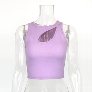 Detail showing lavender ribbed knit texture and hollow-out droplet chest cutout on crop top