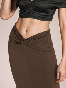 Women's summer V-waist twist knot midi skirt set with off-shoulder ruched crop top