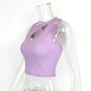 Macro view of lavender ribbed knit crop top with asymmetric hollow cutout detail