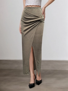 Jupe Midi Moulante Élégante pour Femmes Couleur Unie Polyester Élasthanne Avec Nœud Torsadé Foncée Fente Latérale Taille Haute