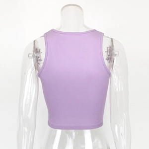 Back view of a lavender purple ribbed cropped tank top showing slim fit racerback design