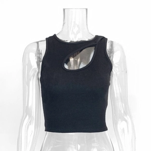 Close-up of ribbed knit texture and teardrop cutout detail on black cropped tank top
