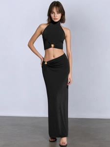 Women Sexy Asymmetric Low Waist Maxi Skirt Ruched Long Skirt With Metal Shell Buckle Elegant Summer Resort Party Skirt