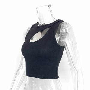 Close-up of black ribbed knit crop top featuring diagonal cutout and slim fit design