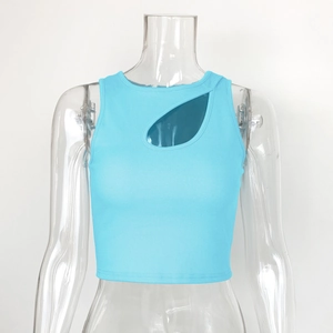 Detail view of ribbed sky blue crop top featuring a central teardrop cutout design