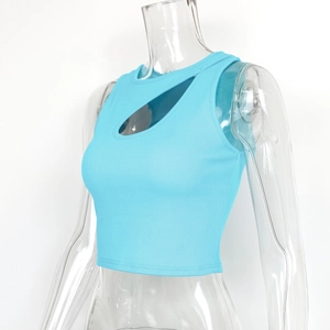 Detail of light blue ribbed knit tank top featuring a stylish front teardrop cutout