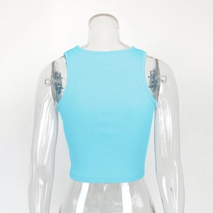 Rear view of a light blue ribbed knit camisole showing slim fit and neat edge finish