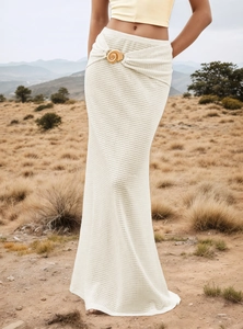 Jupe Longue Femme Taille Haute en Maille Gaufre Avec Boucle en Métal Coquillage Élégante Style Resort Jupe Sirène Française