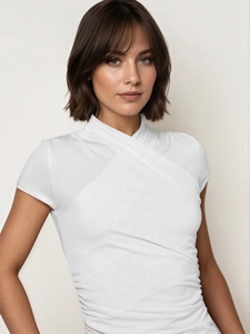 Women's minimalist white slim-fit short sleeve T-shirt with stylish wrap V-neck design