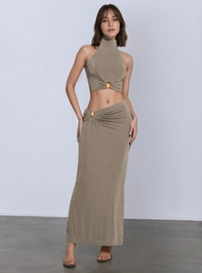 Olive brown two-piece halter top and ruched maxi skirt with gold shell metal accents