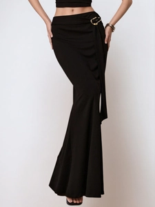Dames Elegante Zwarte Heucomhelzende Meerminstaart Rok Hoge Taille Gedrapeerde Maxi-rok Met Metalen Gesp Slanke Polyester Rok