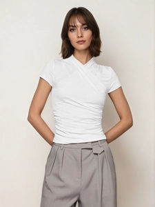 Slim fit white wrap V-neck T-shirt with elegant ruched waist and short sleeves for women