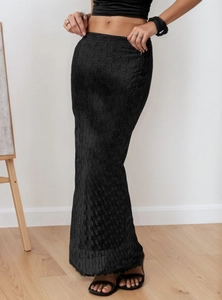 Elegant high-waisted black mesh maxi skirt with unique 3D wave jacquard texture design
