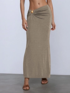 Summer low-waist asymmetric maxi skirt in tan with stylish gold shell metal buckle