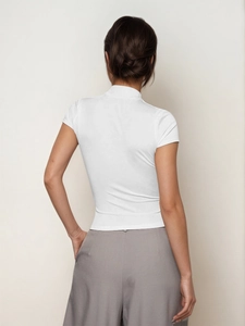 Slim fit white high-neck short sleeve T-shirt for women shown from a back view
