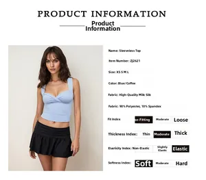 Detailed spec sheet for blue sleeveless crop top showing fabric blend and sizing guide