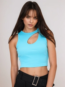 Detail of light blue ribbed crop top featuring a cutout design and metallic buckle belt